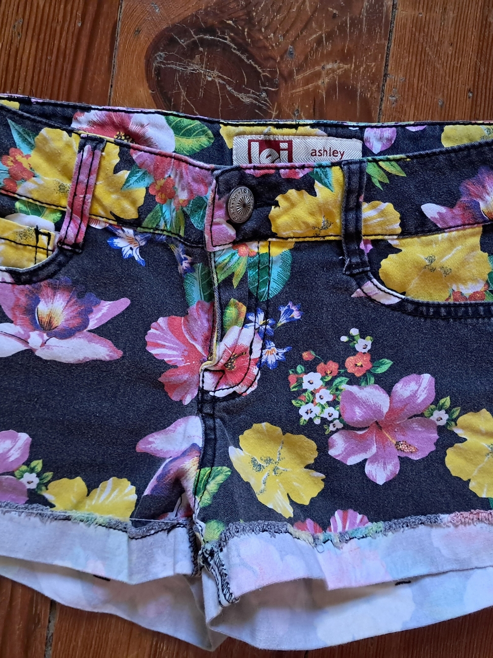 lei Floral Denim Shorts - Black with Yellow & Pink Flowers